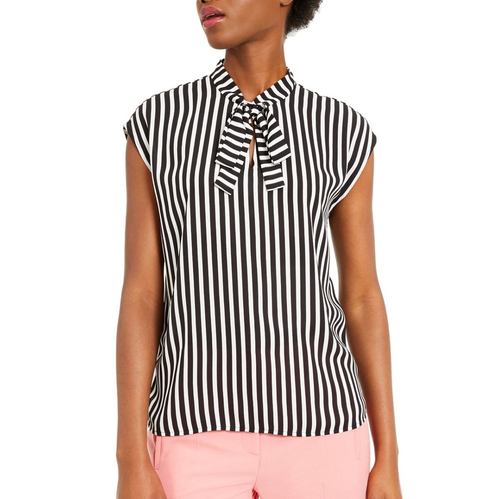Bar III Striped Tie- Neck Top